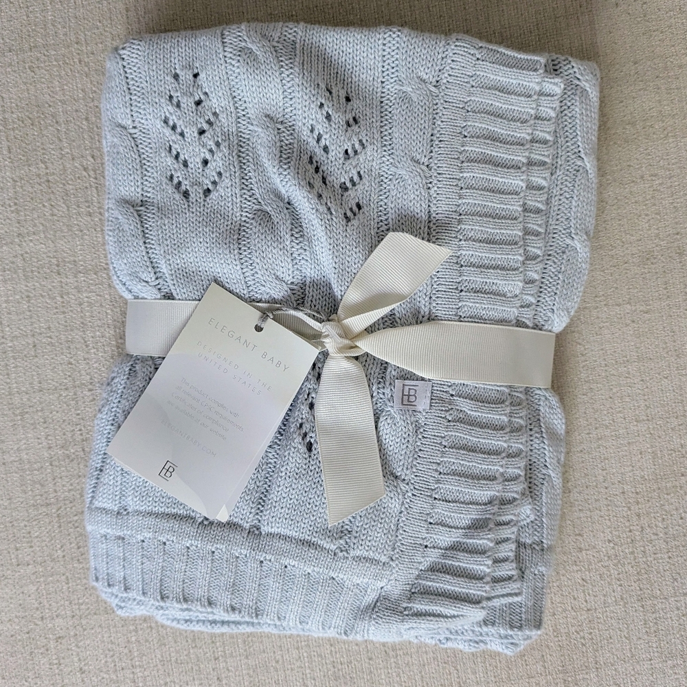 NWT Elegant Baby Pale Blue Cable Knit Cashmere Blend Blanket